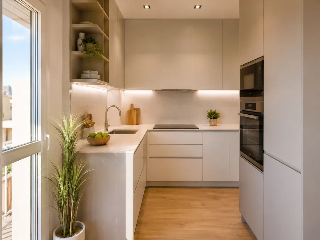 Cocina minimalista con distribución en L, tonos claros y mucha luz natural