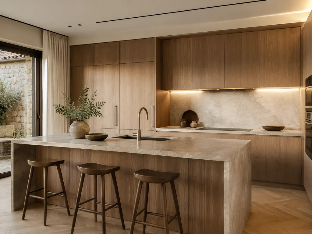 Cocina contemporánea con mobiliario en madera y encimera de piedra clara