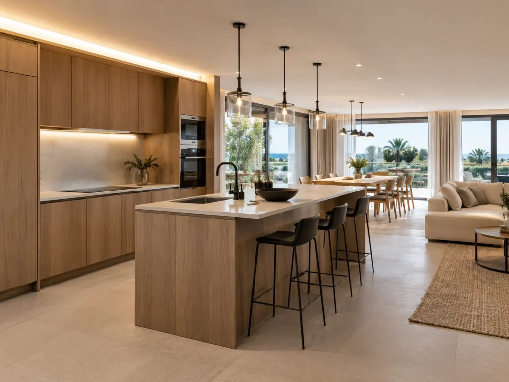Cocina moderna abierta al salón con isla central y grandes ventanales hacia el jardín