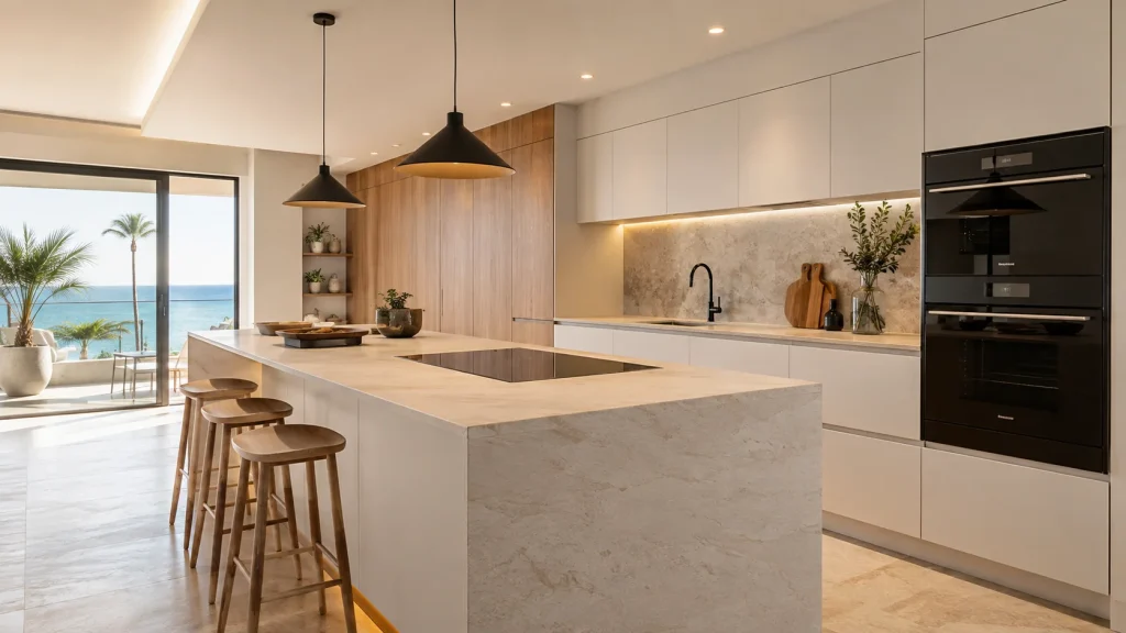 Cocina minimalista de alta gama con isla y grandes ventanales con vistas al mar