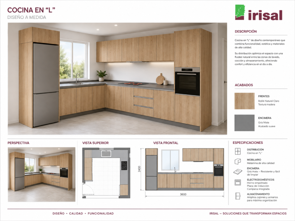 Propuesta visual de cuina en L preper ada por IRISAL amb perspectiva, vistas, acabats y especificaciones