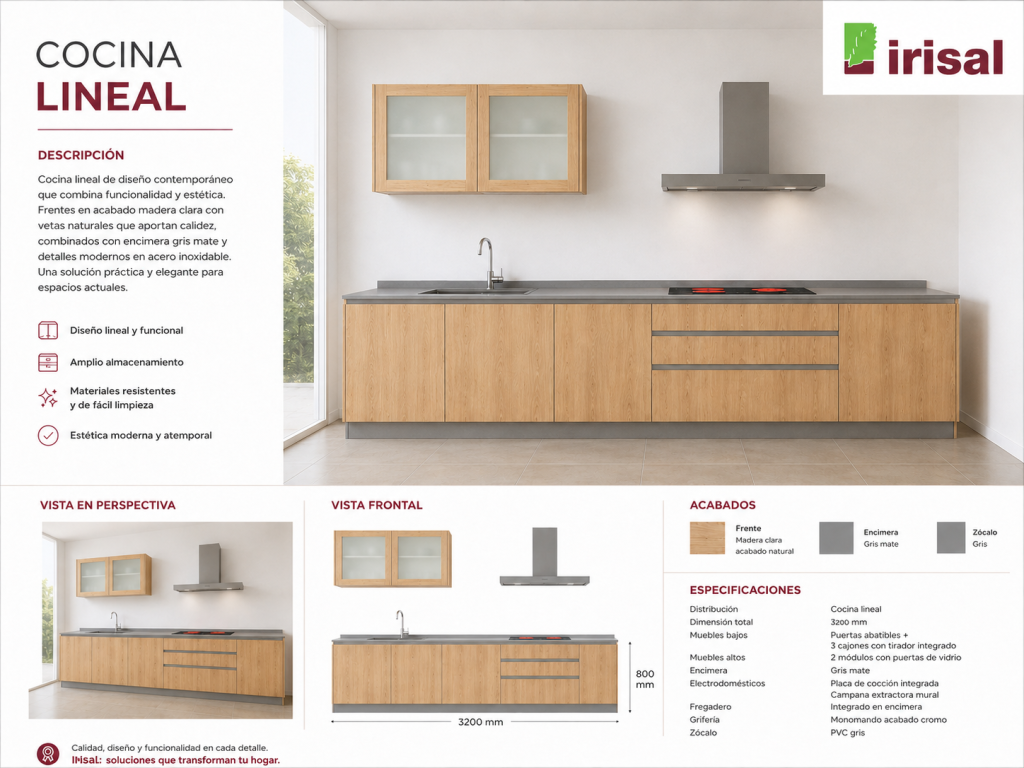 Propuesta visual de cuina lineal preper ada por IRISAL amb perspectiva, vista frontal, acabats y especificaciones