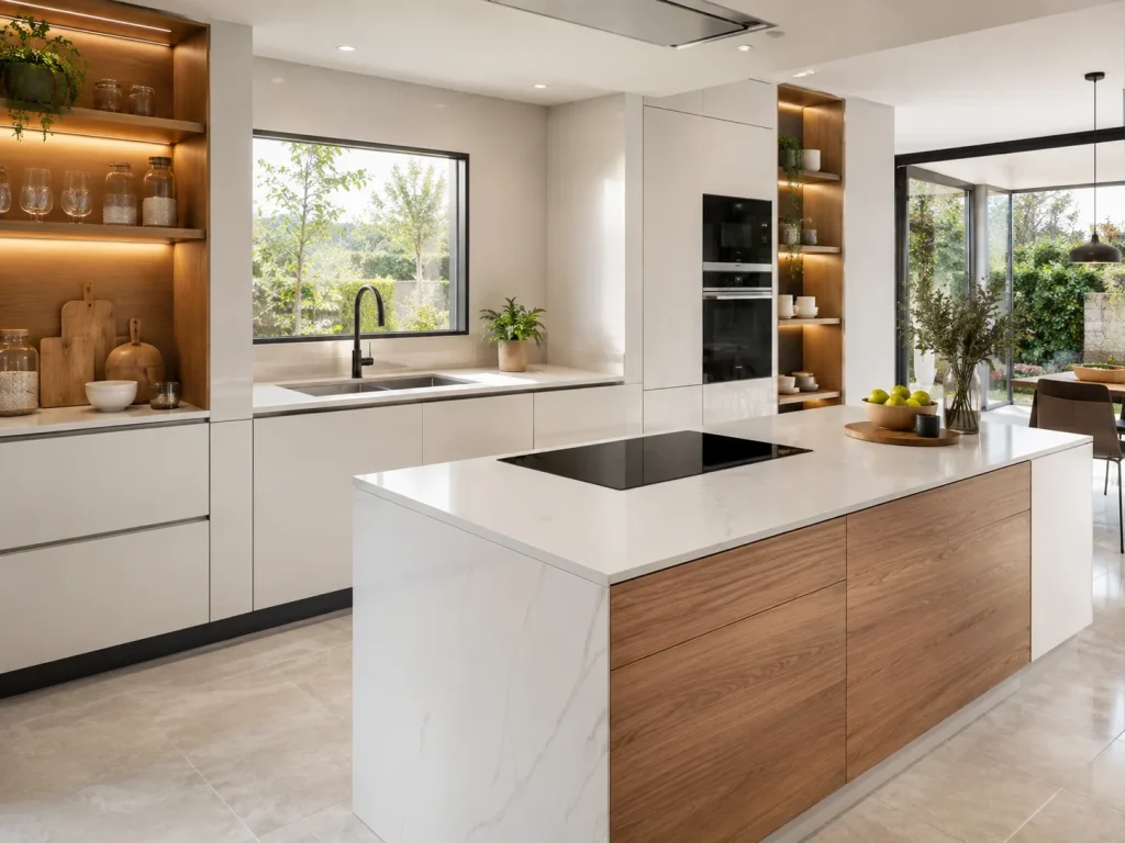 Cocina moderna con isla central, iluminación natural y acabados blancos y madera